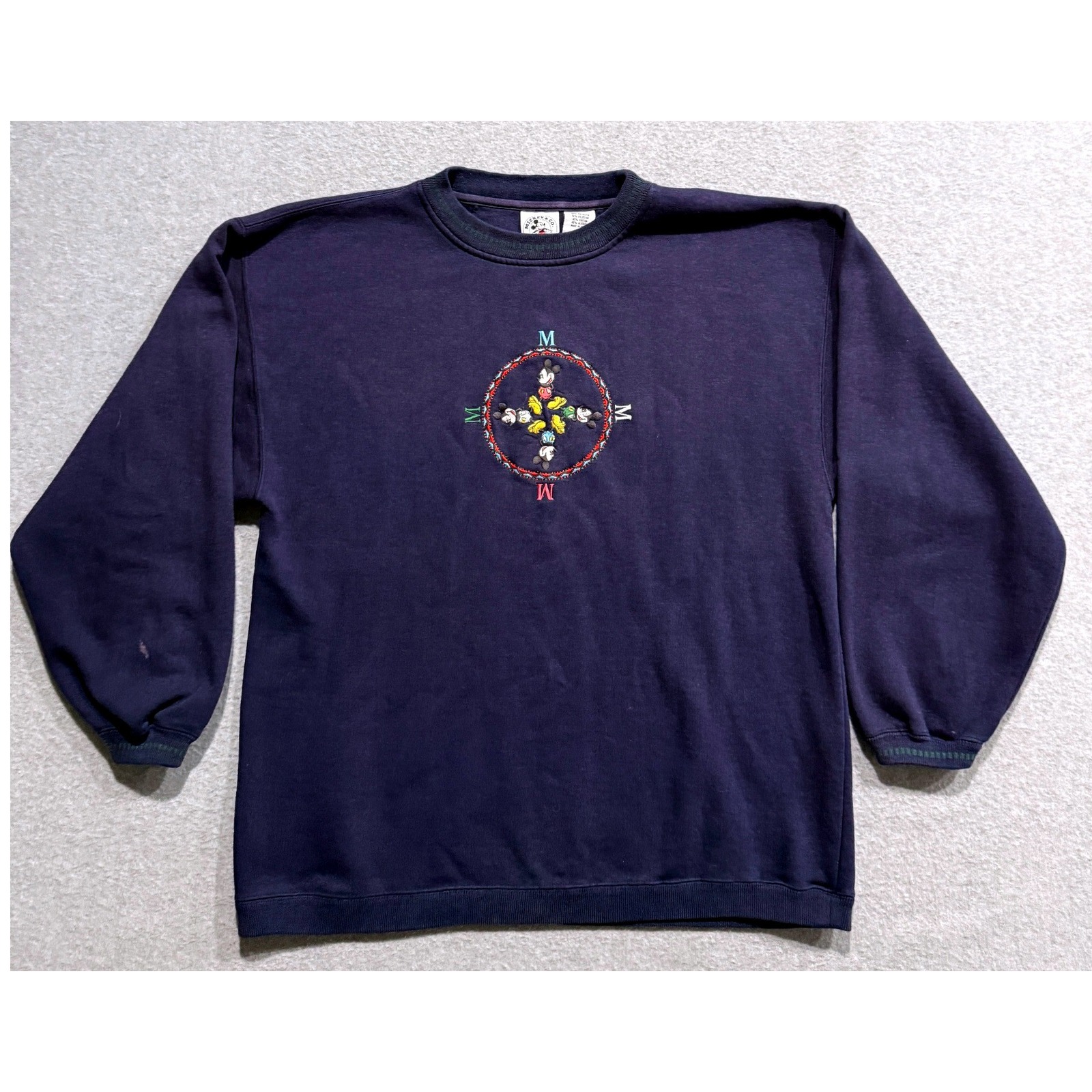 Vintage Mickey & Co Disney Navy Blue Embroidered Compass Sweatshirt Mens Xl 90s